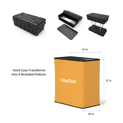 GoVizly 8ft straight tension fabric display hard case converted to branded podium with custom graphic wrap