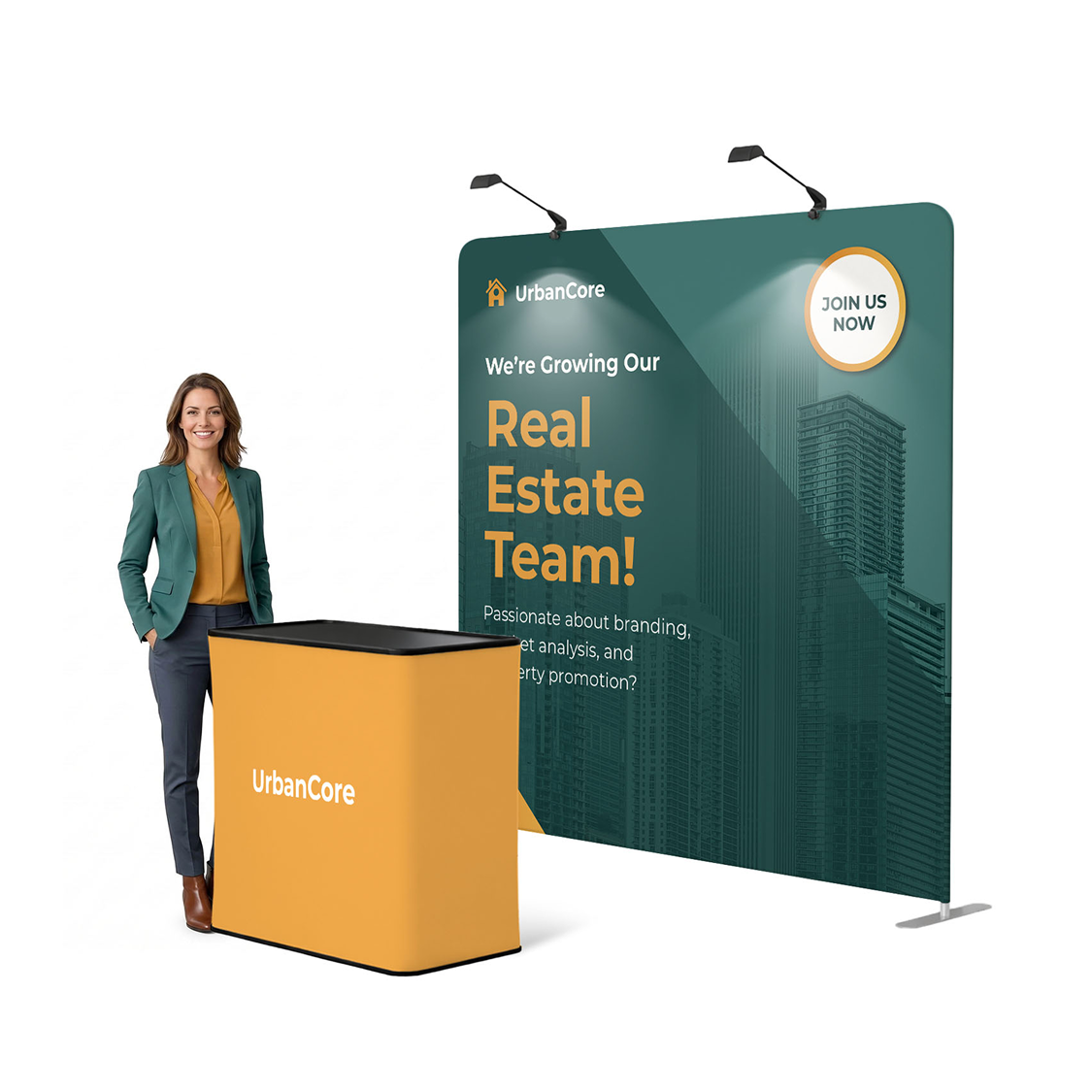 GoVizly 8ft straight tension fabric display with LED and podium complete booth setup with model at trade show