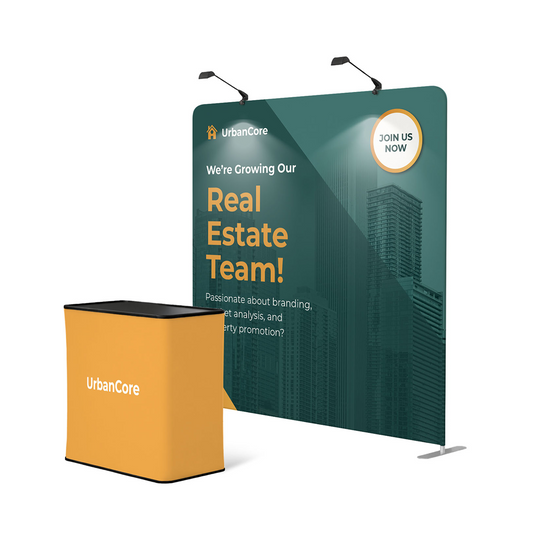 GoVizly 8ft straight tension fabric display with LED and podium complete exhibit setup full view