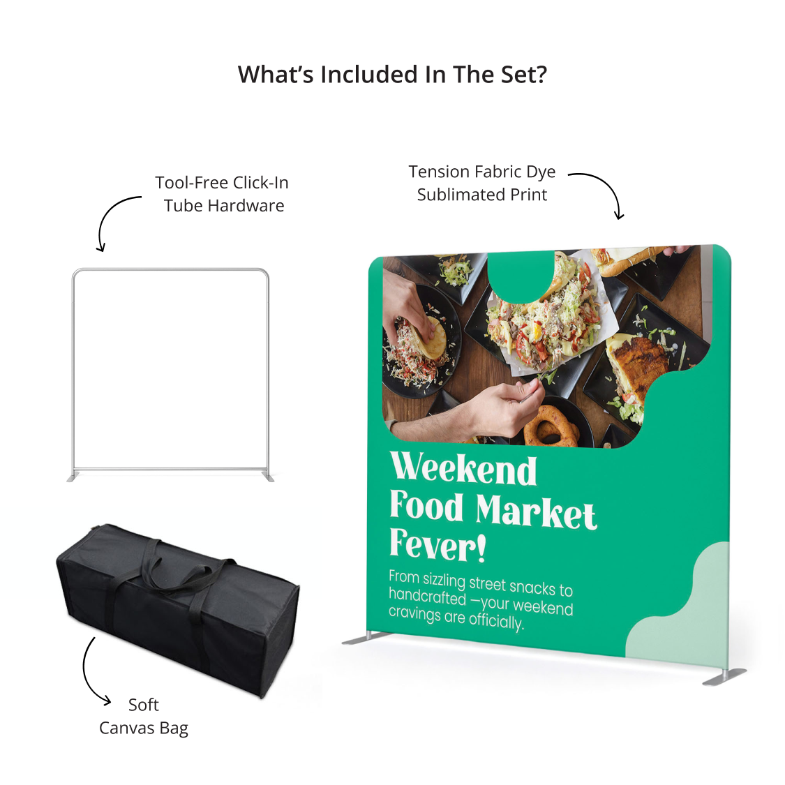 GoVizly 8ft straight tension fabric display kit contents showing interlocking aluminum tube frame, dye-sublimated graphic, and soft travel bag