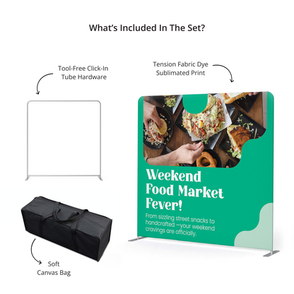 GoVizly 8ft straight tension fabric display kit contents showing interlocking aluminum tube frame, dye-sublimated graphic, and soft travel bag