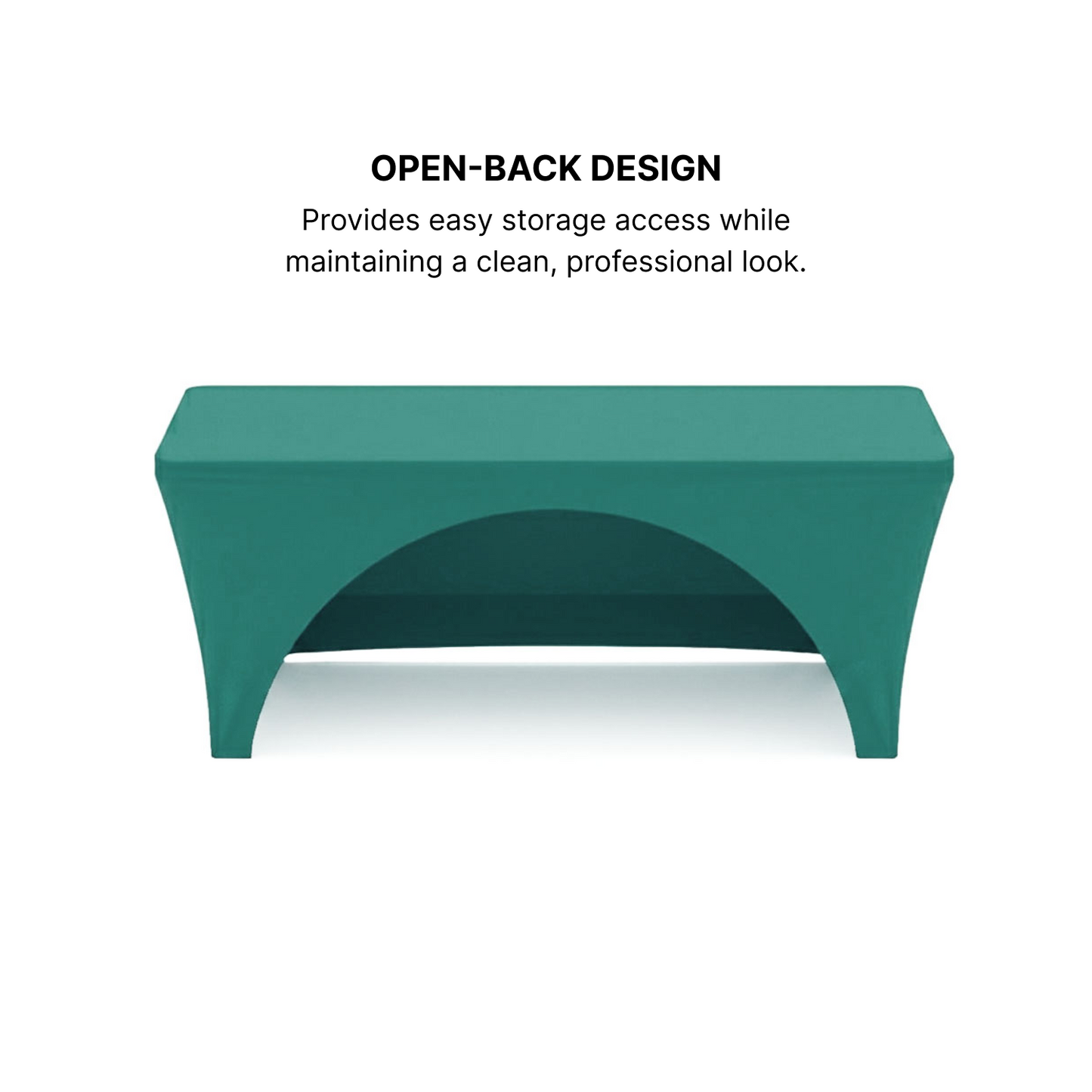 GoVizly 8ft stretch fitted table cover shown at an angle highlighting custom logo placement across the front and side panels