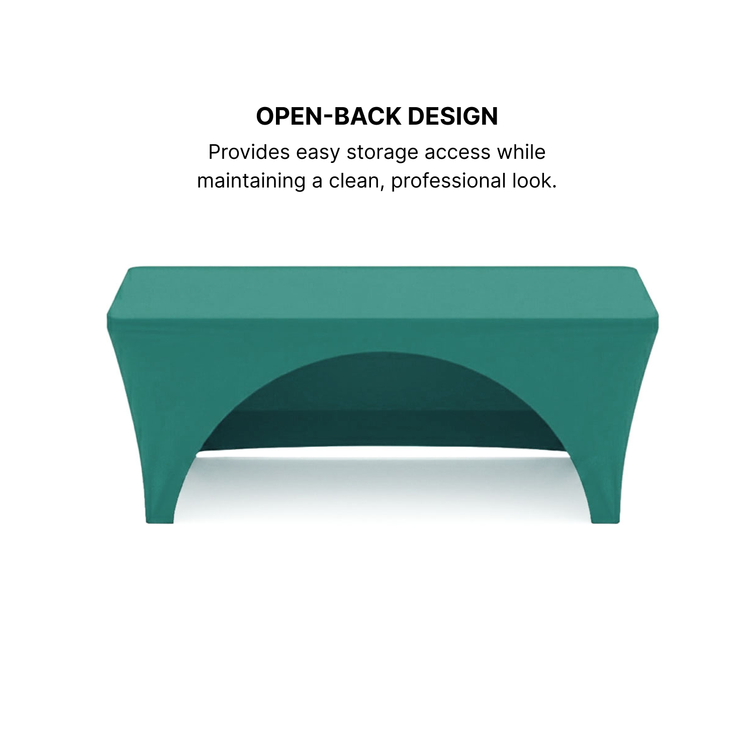 GoVizly 8ft stretch fitted table cover shown at an angle highlighting custom logo placement across the front and side panels