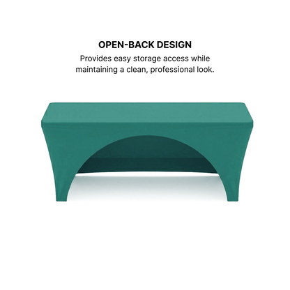 GoVizly 8ft stretch fitted table cover shown at an angle highlighting custom logo placement across the front and side panels