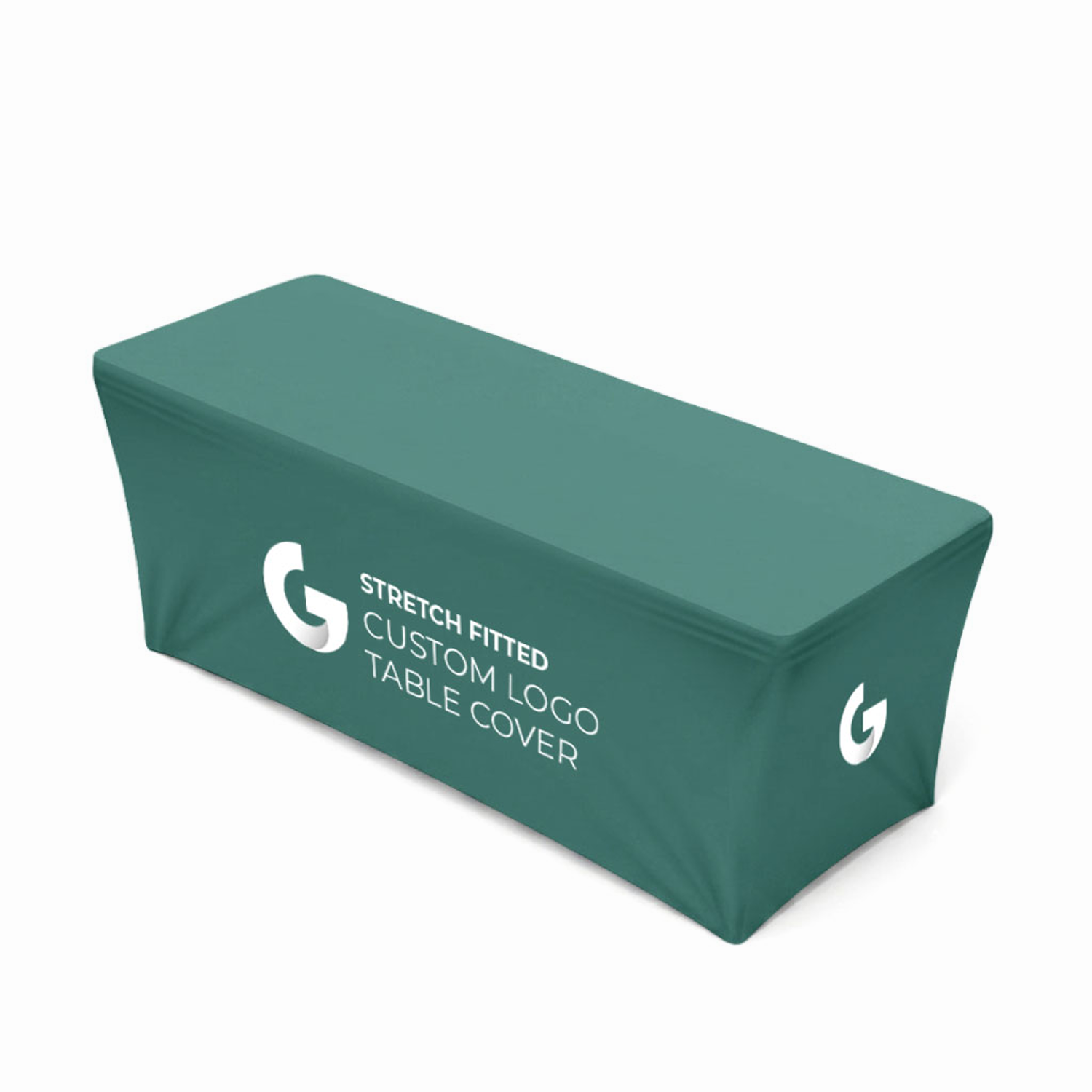 GoVizly 8ft stretch fitted table cover front view showing full-color custom logo print across the front panel