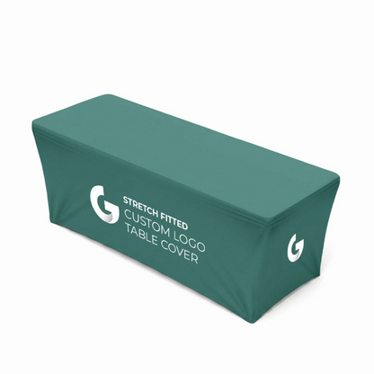 GoVizly 8ft stretch fitted table cover front view showing full-color custom logo print across the front panel