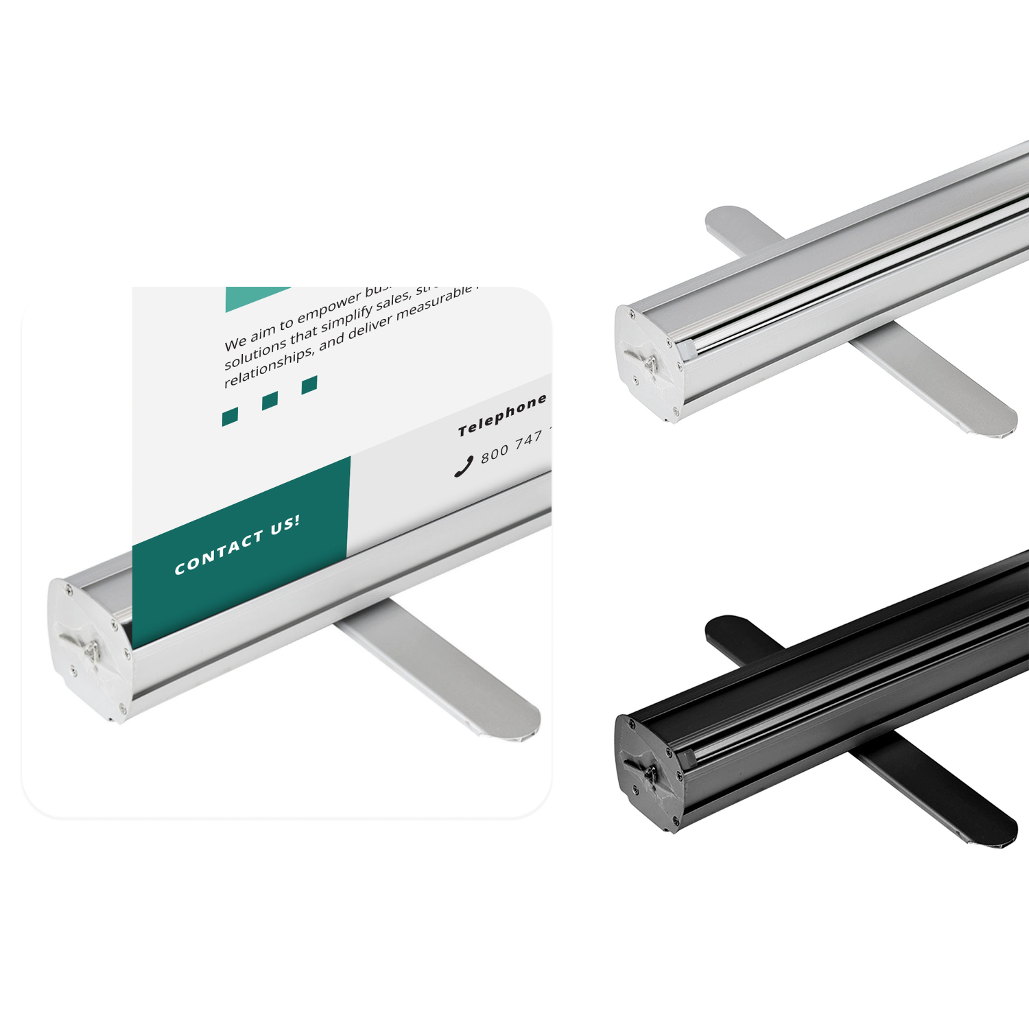 Showcase of the GoVizly classic retractable banner stand base in silver and black finishes for professional event marketing at trade shows.