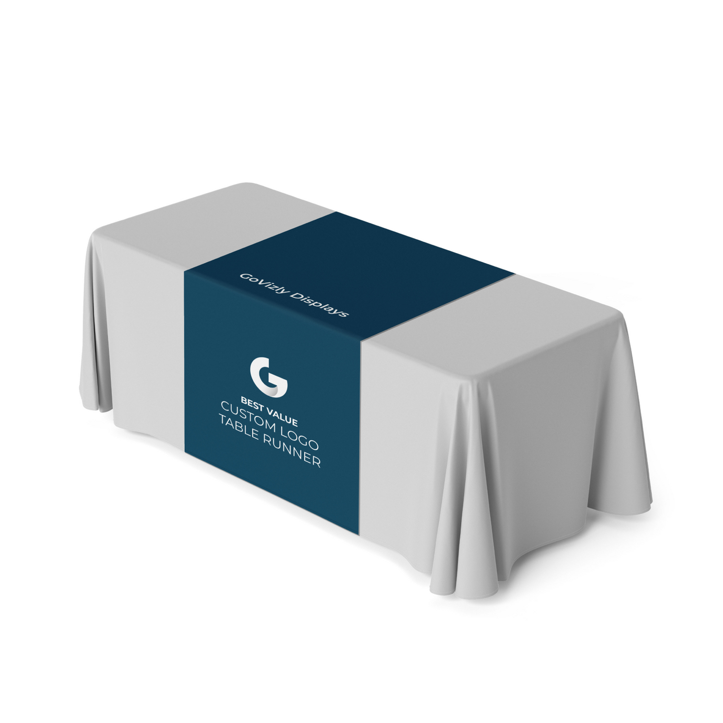 GoVizly custom logo table runner draped over a trade show table showing full-color branded print at an event booth