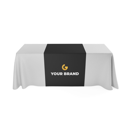 GoVizly custom logo table runner draped over a trade show table showing full-color branded print at an event booth