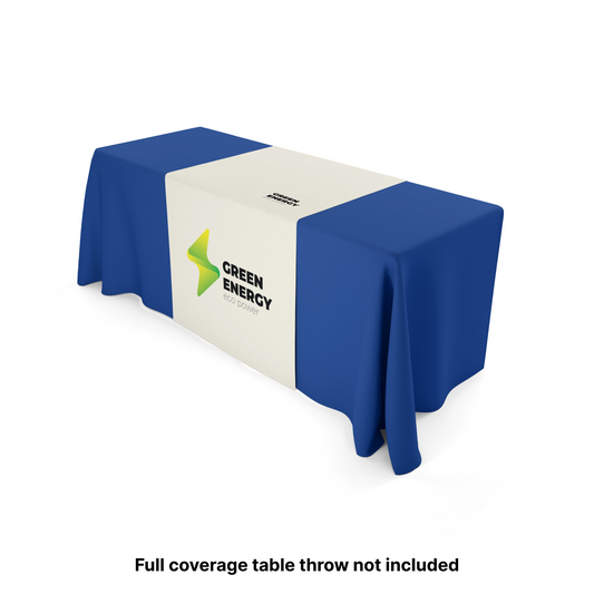 GoVizly custom printed table runner showing centered front logo imprint for trade show and event branding