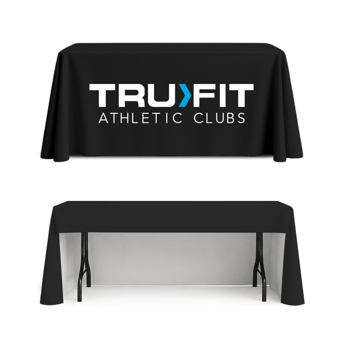 GoVizly Displays 6ft custom logo table cover with open back and high quality printing, free proof, next day shipping and easy online ordering for trade show displays, banner stands and step and repeat banners.
