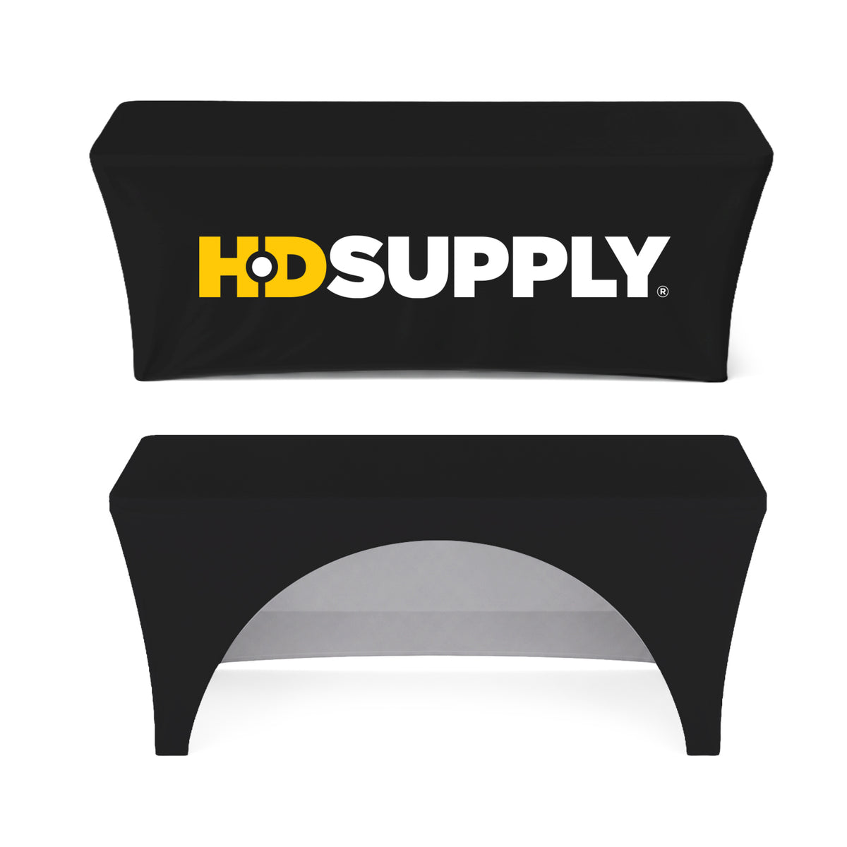 GoVizly Displays 8ft custom logo stretch fitted table cover with high quality printing, free proof, next day shipping and easy online ordering for trade show displays, banner stands and step and repeat banners.