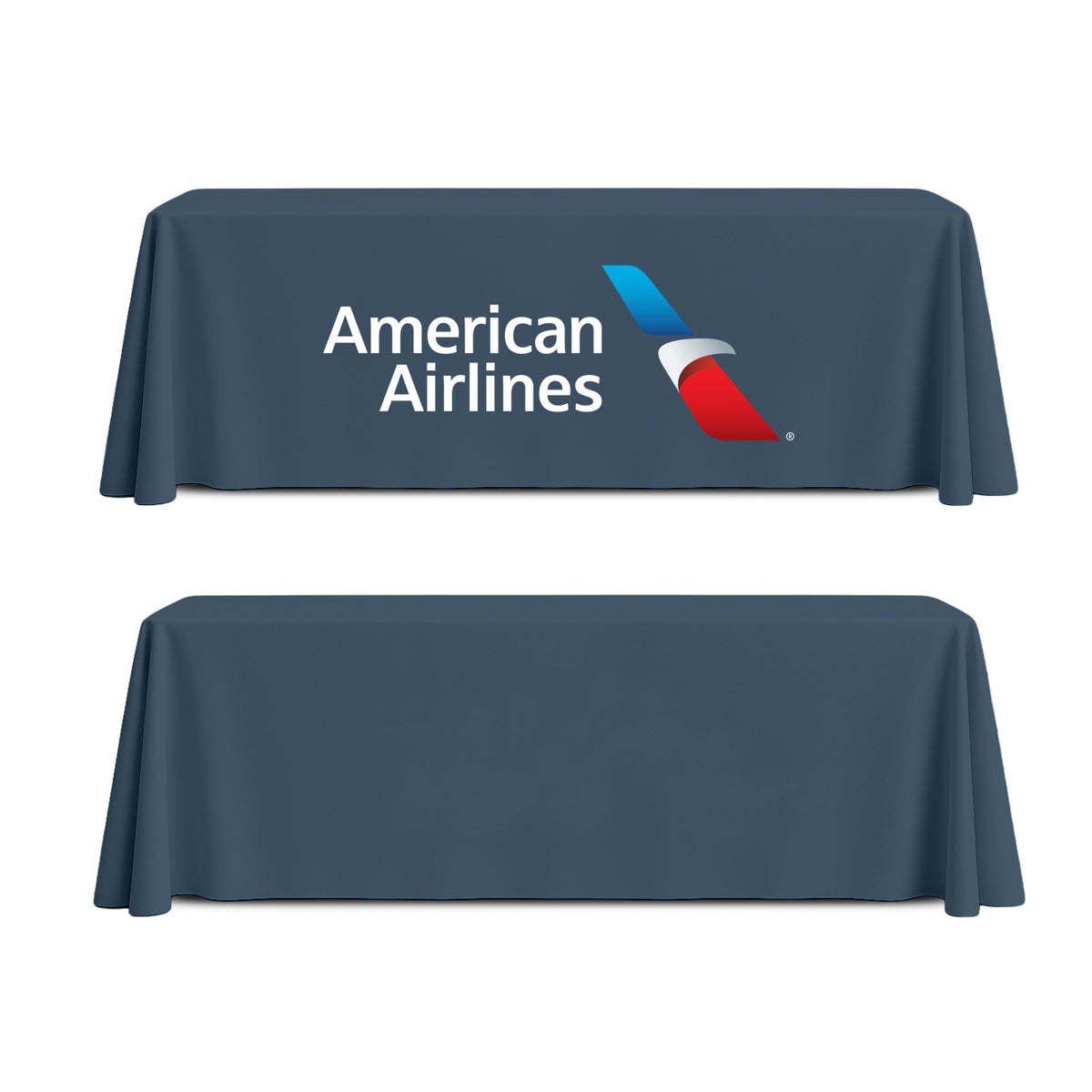 GoVizly Displays 8ft custom logo table cover with closed back and high quality printing, free proof, next day shipping and easy online ordering for trade show displays, banner stands and step and repeat banners.