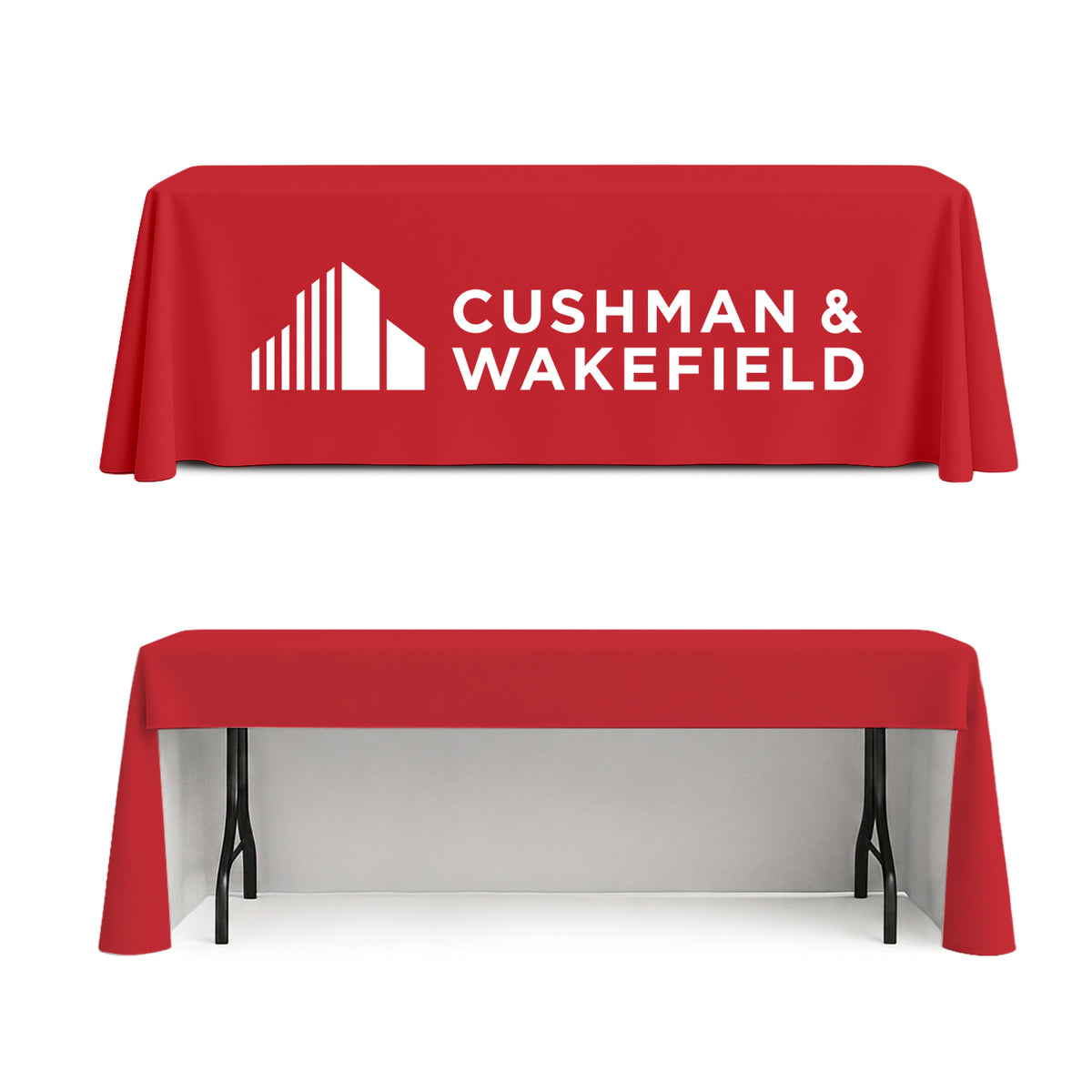 GoVizly Displays 8ft custom logo table cover with open back and high quality printing, free proof, next day shipping and easy online ordering for trade show displays, banner stands and step and repeat banners.