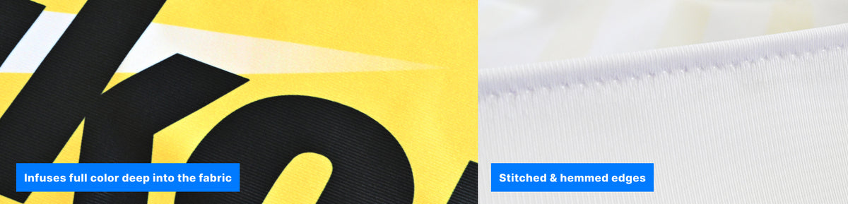 GoVizly Displays custom logo table cover showing high quality printing and stitched hemmed edges, with free proof, next day shipping and easy online ordering for trade show displays.