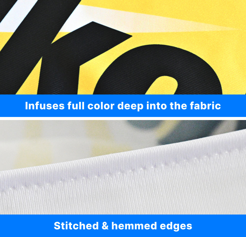 GoVizly Displays custom logo table cover showing high quality printing and stitched hemmed edges, with free proof, next day shipping and easy online ordering for trade show displays.