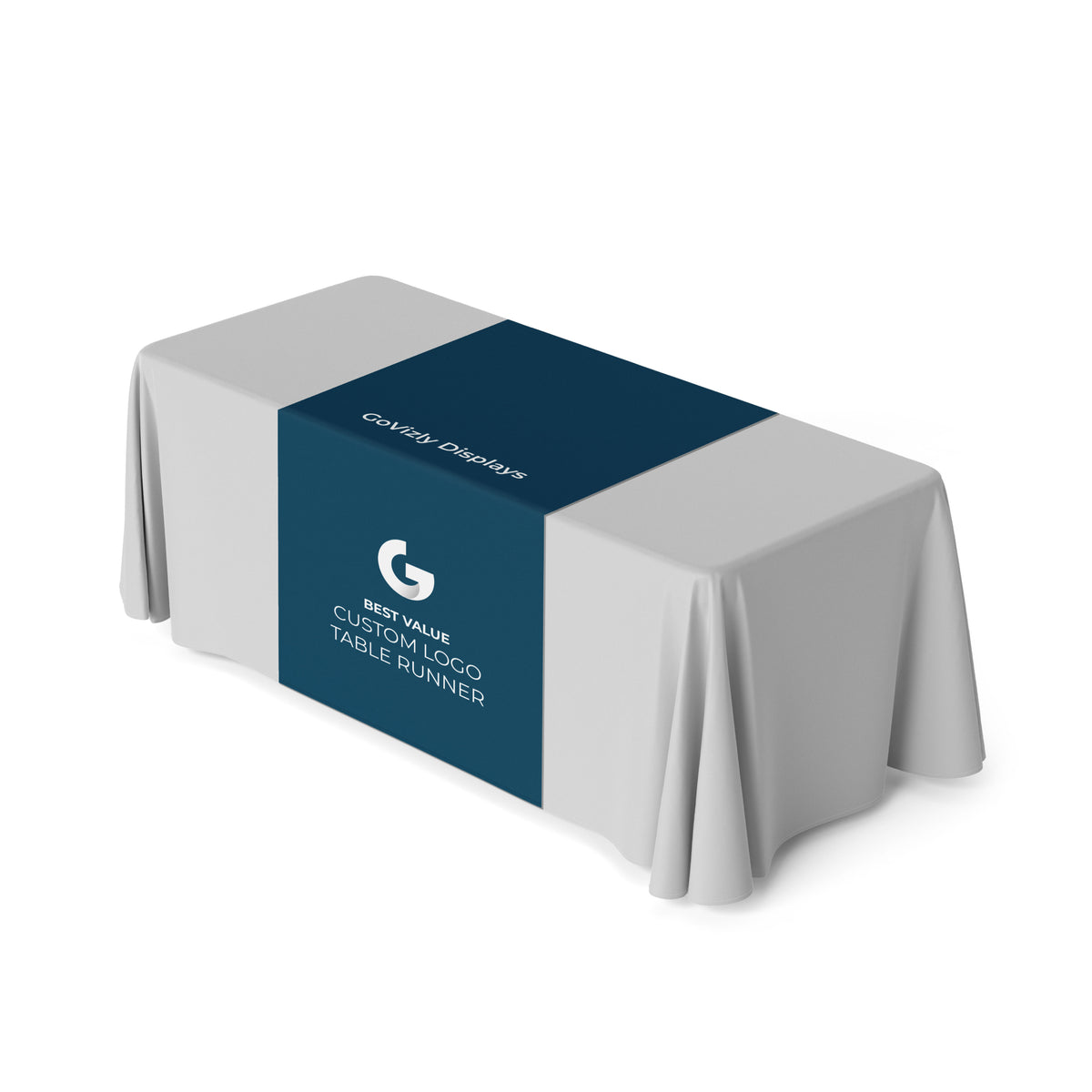 GoVizly Displays custom logo table runner with high quality printing, free proof, next day shipping and easy online ordering for trade show displays, custom logo table covers, banner stands and step and repeat banners.