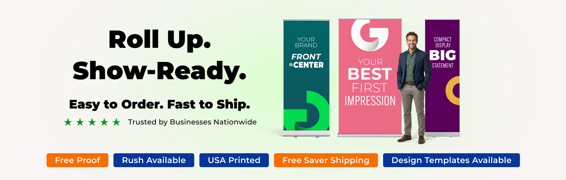 GoVizly Displays banner stand collection featuring retractable banner stands, x-banner stands, and tension fabric banner stands for trade show displays and events — every order includes free saver shipping, free proof before purchase, fast turnaround, and free file review