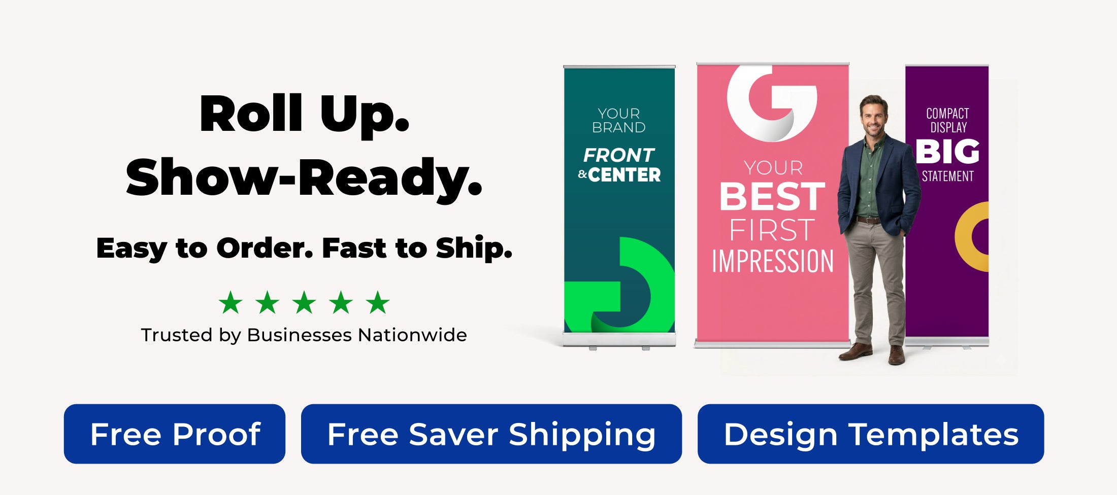 GoVizly Displays banner stand collection — retractable banner stands, x-banner stands, and tension fabric banner stands for trade show displays and events — every order includes free saver shipping, free proof before purchase, fast turnaround, and free file review