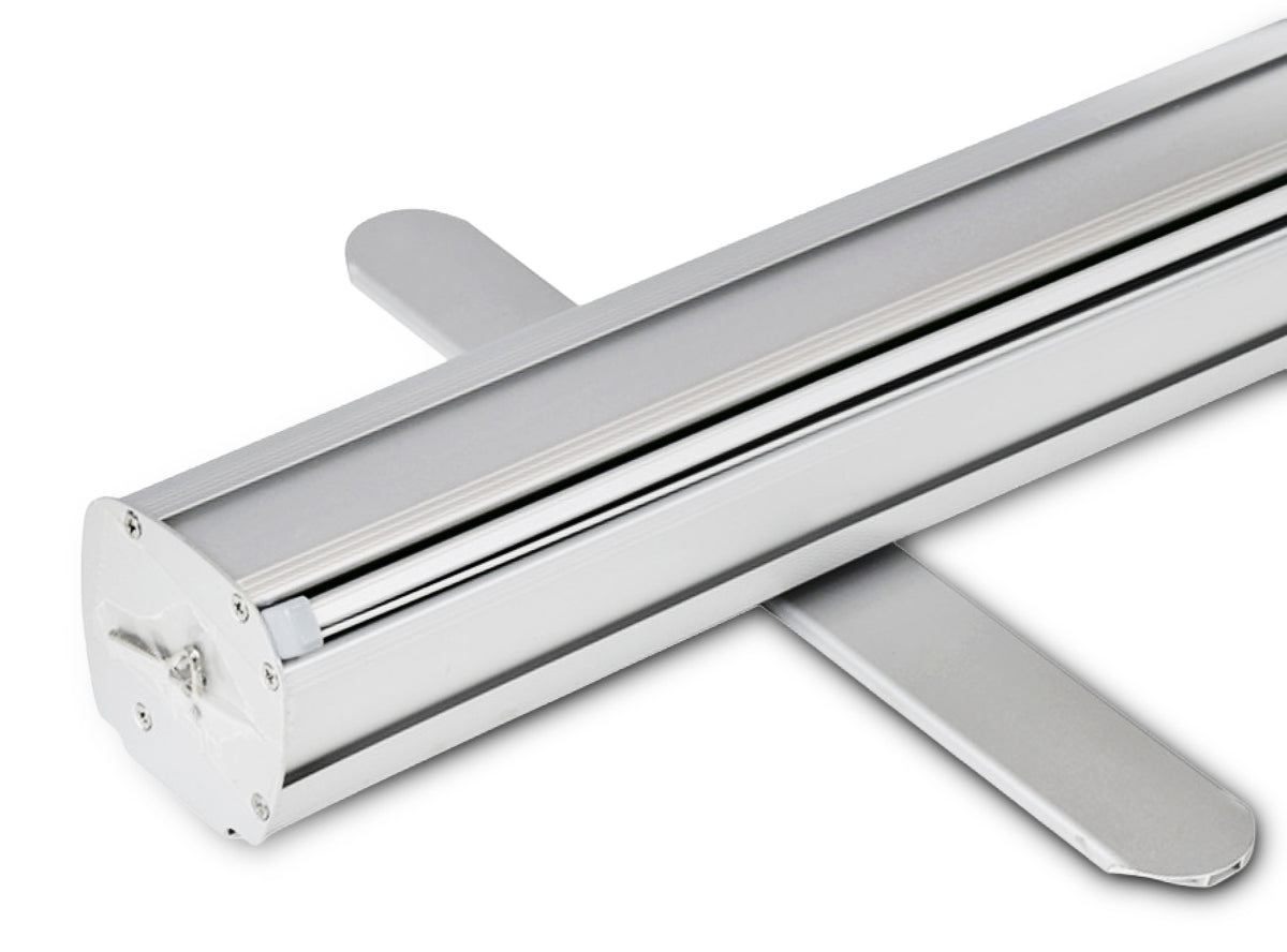 GoVizly Displays standard retractable banner stand hardware for professional trade show displays with high quality printing, free proof, next day shipping, easy online ordering, custom logo table covers and step and repeat banners.