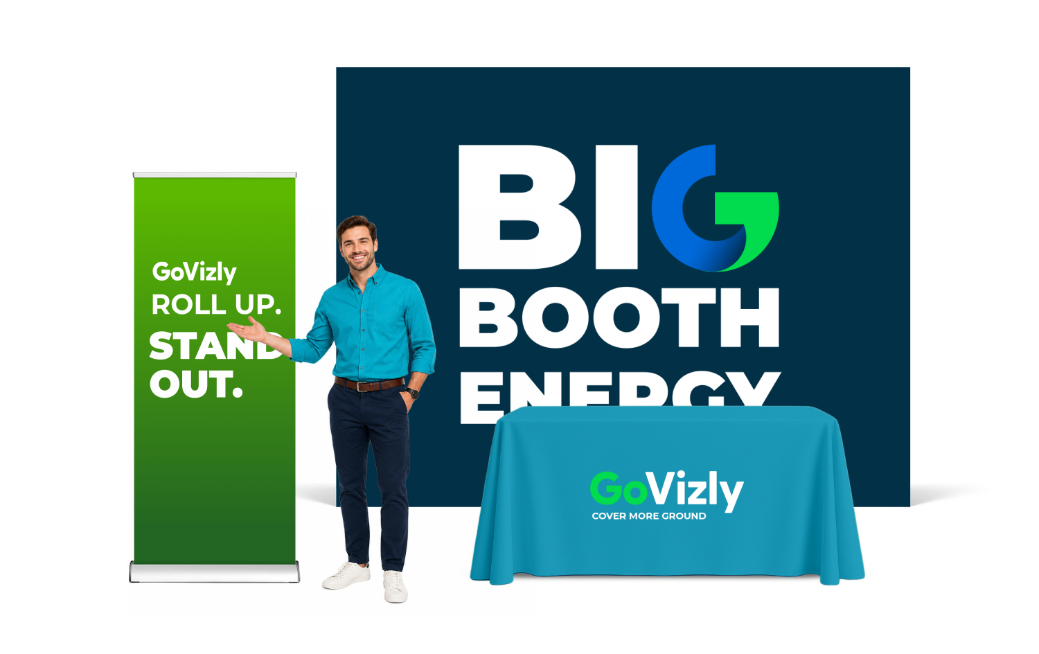 Custom retractable banner stand and custom logo table cover displayed at a trade show booth — GoVizly Displays`