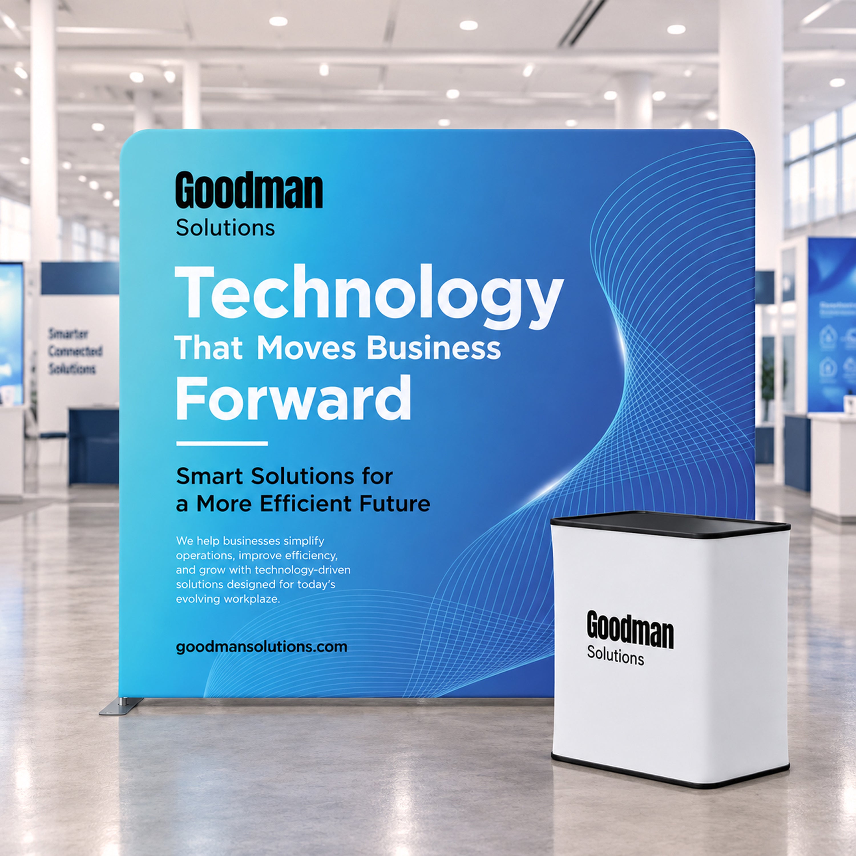 GoVizly Displays trade show displays with high quality printing, free proof, next day shipping and easy online ordering for custom logo table covers, banner stands and step and repeat banners.