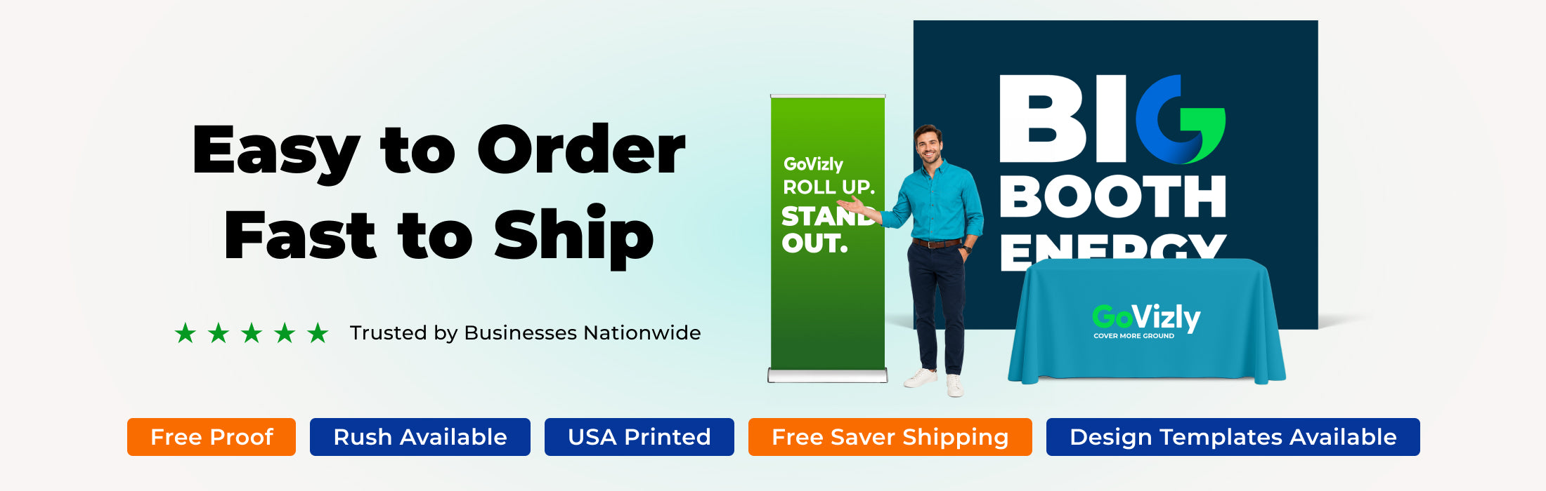 GoVizly Displays trade show display collection featuring custom logo table covers, retractable banner stands, and pop-up backdrops for trade show displays and events — every order includes free saver shipping, free proof before purchase, fast turnaround, and free file review
