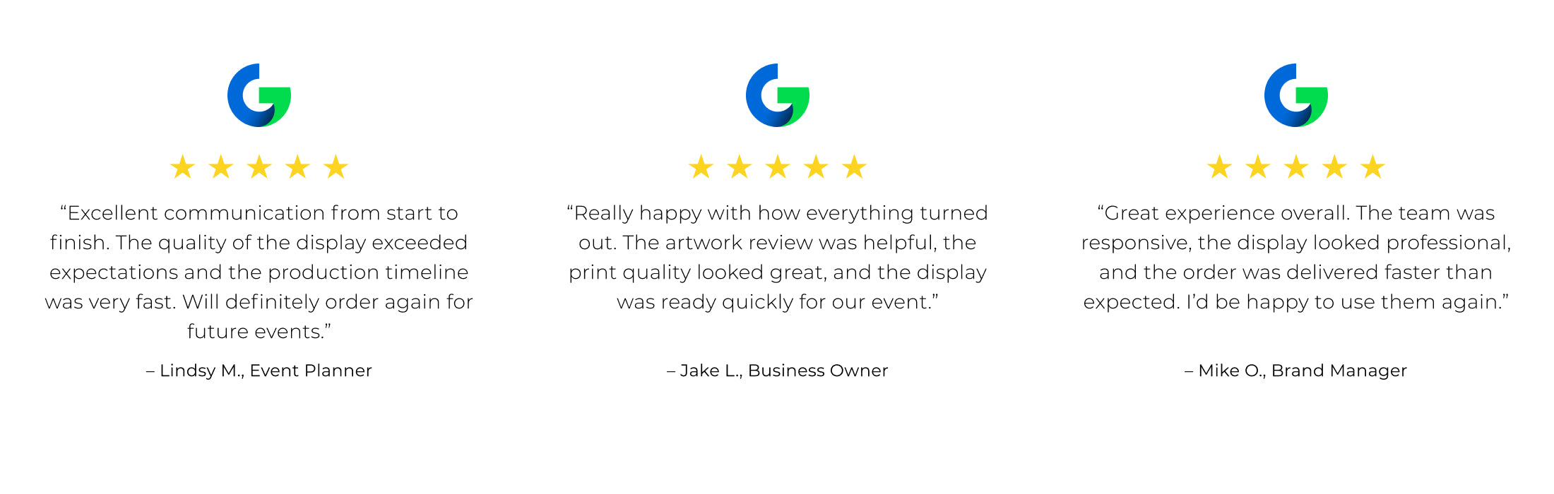 GoVizly Displays 5-star customer reviews for banner stands, pop-up and tension fabric banner displays, custom logo table covers, and step and repeat banners — free saver shipping, free proof before purchase, fast turnaround, and free file review included with every order
