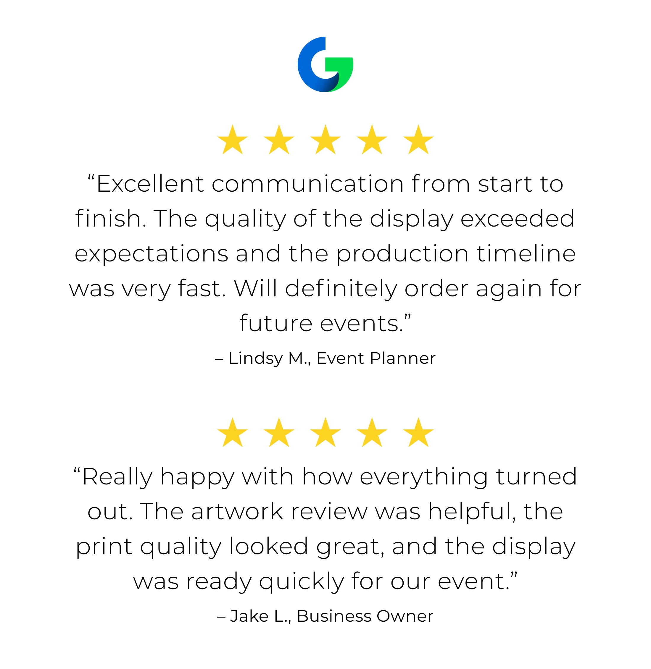 GoVizly Displays customer ratings for trade show displays and events including banner stands, table covers, pop-up displays, and step and repeat banners — free saver shipping, free proof before purchase, fast turnaround, and free file review included with every order
