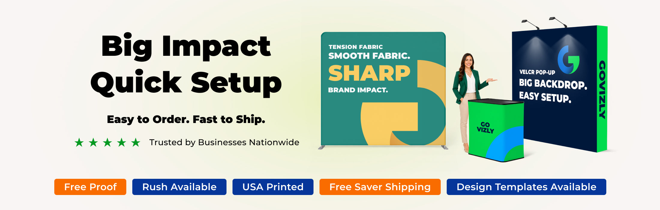 GoVizly Displays pop-up and tension fabric banner display collection featuring 8ft and 10ft backwall and backdrop styles for trade show displays and events — every order includes free saver shipping, free proof before purchase, fast turnaround, and free file review