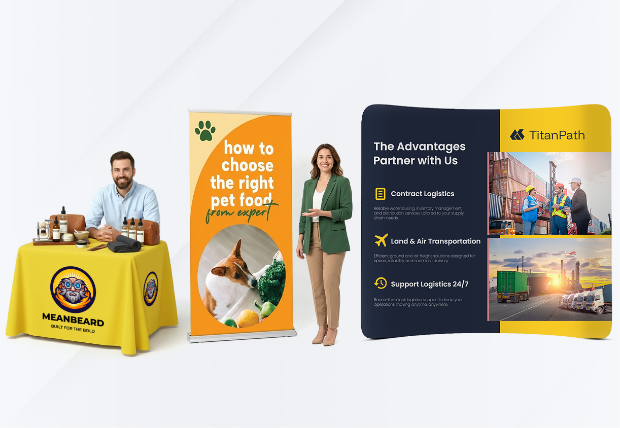 Custom trade show displays and banner stands for events — GoVizly table covers, tension fabric backdrops, and retractable banner stands printed in the USA.