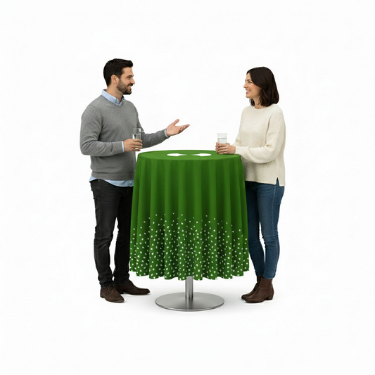 GoVizly custom round bar table cover at 42" height displayed at a trade show booth with 360° branded logo print