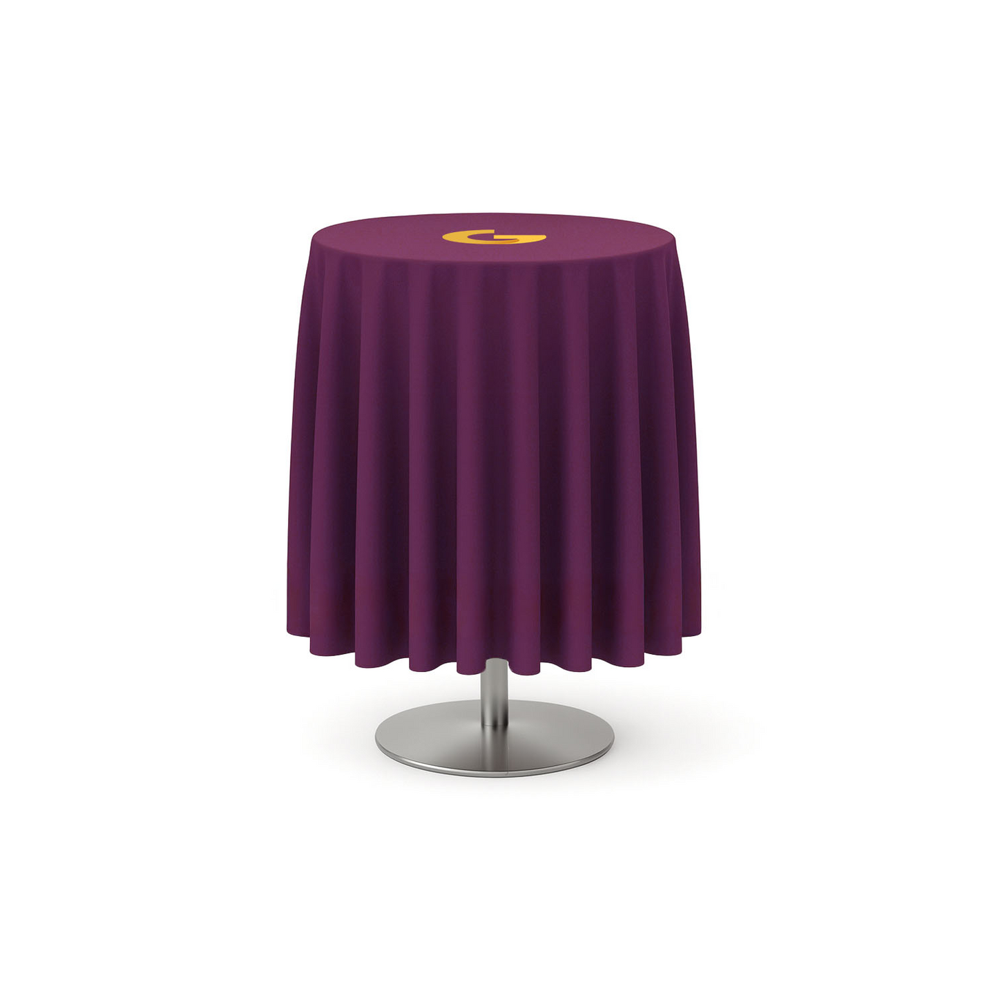 GoVizly custom round bar table cover 42" height showing full-color logo print and floor-length drape on cocktail table