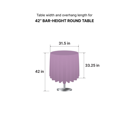 Sizing and drop measurement guide for GoVizly 42" bar height round table cover showing 33.25" drape for 31.5" diameter tables