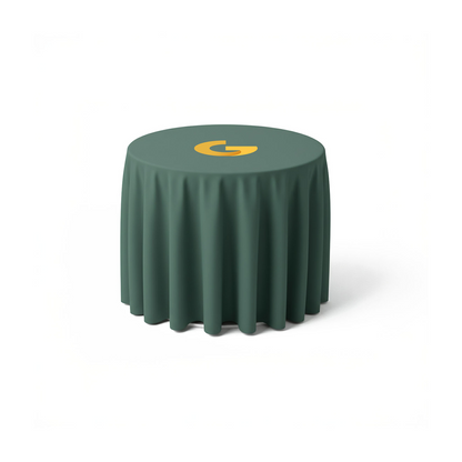 GoVizly custom round table cover standard height showing full-color logo print and proportional drape around the circumference
