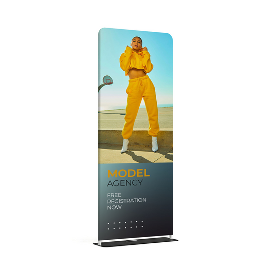 GoVizly tension fabric banner stand angled view showing wrinkle-free stretch fabric graphic