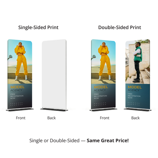 GoVizly tension fabric banner stand showing single-sided and double-sided printing options