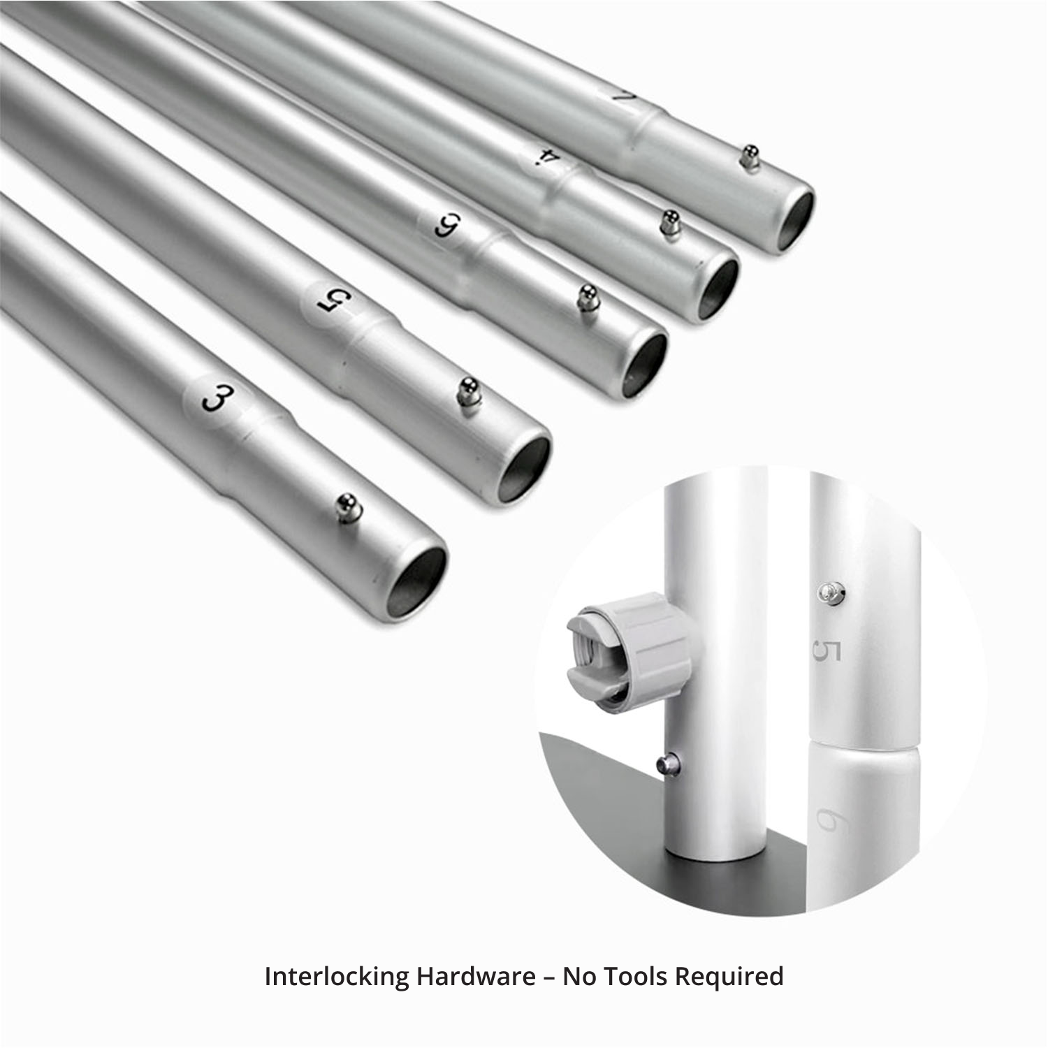 Interlocking aluminum tube frame components of GoVizly tension fabric banner stand
