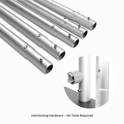 Interlocking aluminum tube frame components of GoVizly tension fabric banner stand