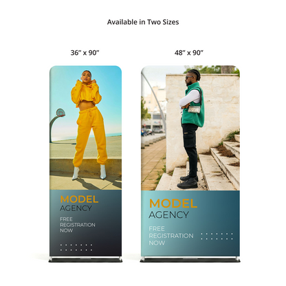 GoVizly tension fabric banner stand available size options — 36 inch and 48 inch wide formats