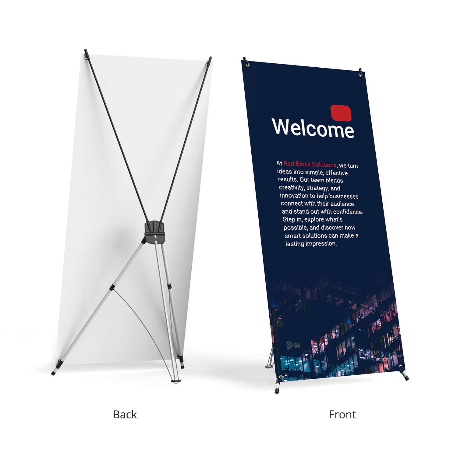 Front and back view of GoVizly X-Banner Stand & Graphic Package